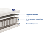 Coupe technique du matelas Sensospring 160x200 cm : 610 ressorts ensachés, 2,5 cm de mousse polyuréthane 30 kg/m³ et coutil 100% polyester